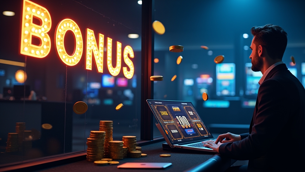 Dunkle Casino-Szene mit Bonusanzeige und leuchtenden Chips