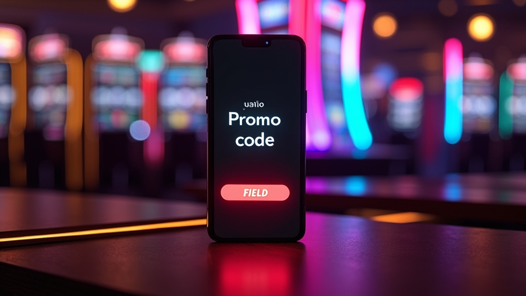 Casino-Schalter mit Promo-Code auf Smartphone und Slot im Hintergrund