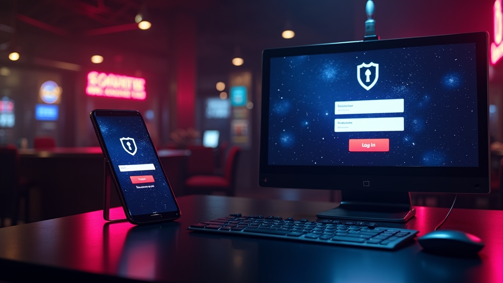 Smartphone und Desktop mit Login-Oberfläche in dunkler Casino-Optik